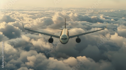 A passenger plane flying between cloud layers. Front view of the aircraft.