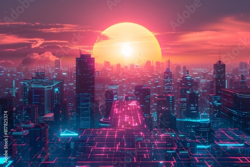 Futuristic Neon Skyline in Captivating Synthwave Style © milkyway