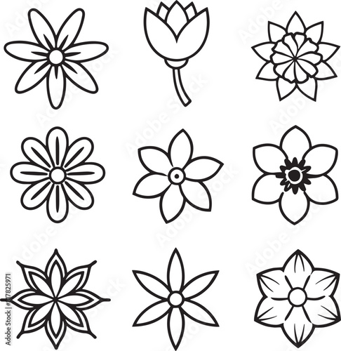 set of flowers outline illustration on white background