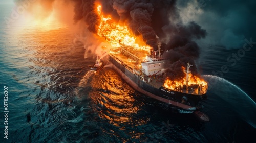 A rescue boat heads towards a fuel ship on fire. large cargo ship for logistic import export goods has the explosion and had a lot of fire and smoke at sea