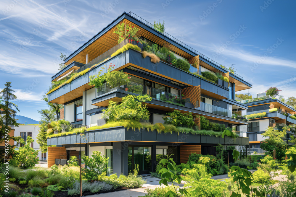 A modern apartment building with green roof, trees and plants on the balconies, green architecture, eco-friendly design, urban living in harmony with nature, sustainable lifestyle concept. A modern apartment building with green roof, trees and plants on the balconies, green architecture, eco-friendly design, urban living in harmony with nature, sustainable lifestyle concept.