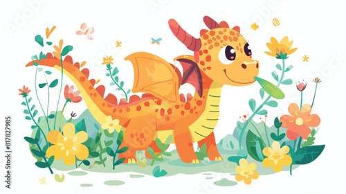 Cute fairy dragon. Fairytale dinosaur smelling flower