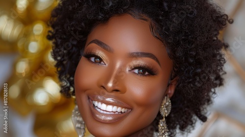 A close-up view of a beautiful black woman smiling while wearing a necklace and earrings