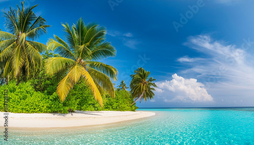 Maldives mazing island beach. Tropical landscape of summer scenery  white sand with palm trees. Luxury travel vacation 