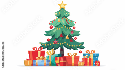 Cartoon christmas tree with gift boxes. Xmas vector illustration