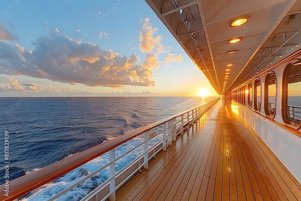 Majestic Sunset View from Cruise Ship Deck with Illuminated Corridors Majestic Sunset View from Cruise Ship Deck with Illuminated Corridors