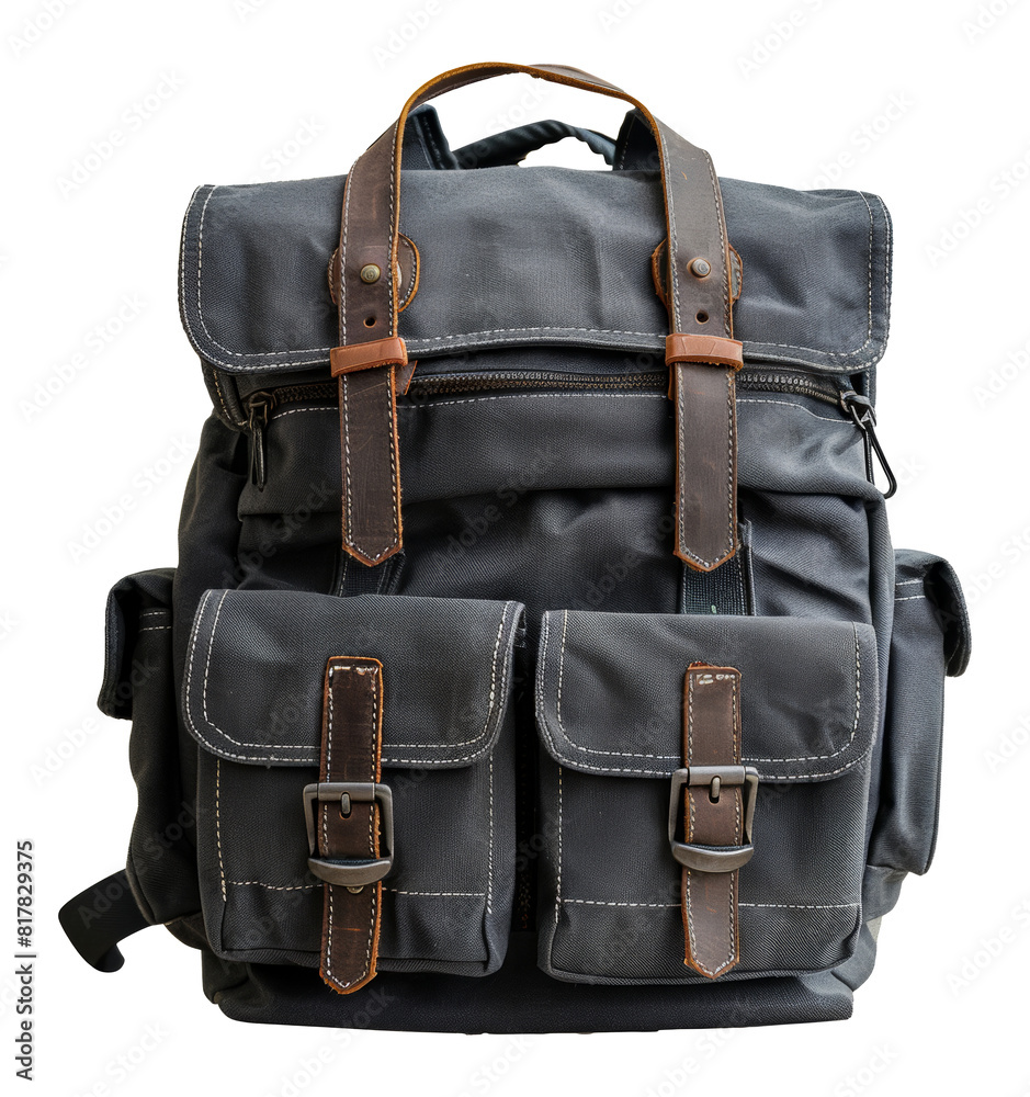 Naklejka premium Classic canvas and leather backpack for outdoor adventures, cut out - stock png.