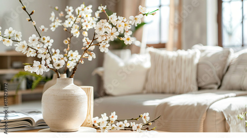 Vase with blooming sakura branches on coffee table 