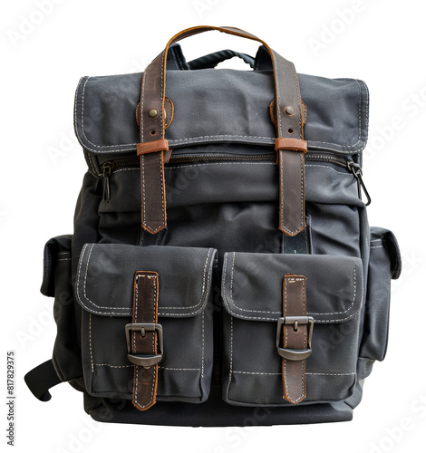 Classic canvas and leather backpack for outdoor adventures, cut out - stock png.