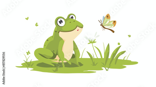 Cute funny frog hunting butterfly. Hungry toad watching