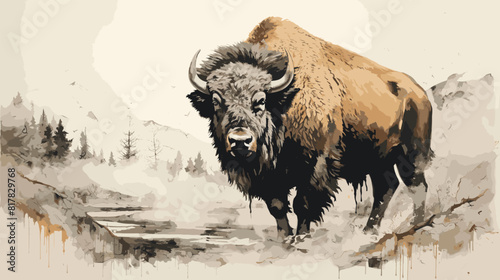 Impressionistic vector painting of a bison amidst a serene woodland setting
