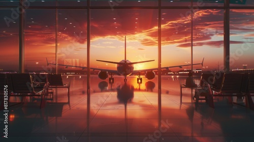 Airplane at sunrise in the terminal gate ready for takeoff - Waiting for the flight. Travel around the world