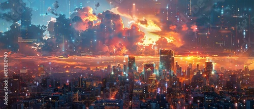 A stunning image of a futuristic metropolis at sunset  with glowing lights and a vibrant sky. The scene highlights the blend of technology and natural beauty in a modern urban environment.