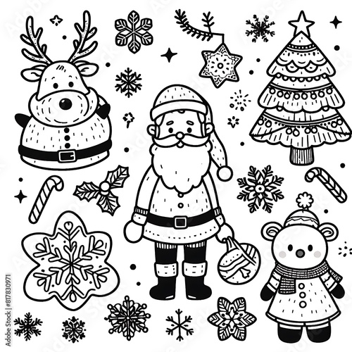 A unicorn coloring pages black and white drawing includes image of various christmas objects art realistic meaning attractive.