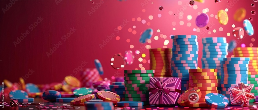 Bright and Cheerful Casino Chips with Gifts in a Festive Atmosphere Bright and Cheerful Casino Chips with Gifts in a Festive Atmosphere