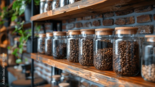coffee nook decorating, glass jars holding coffee beans, displayed on shelves in a snug coffee corner, lending a chic look to the ambiance