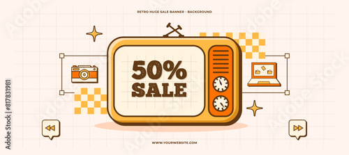 70s retro old computer user interface sale banner. Up to 50 percent off groovy background. TV, laptop, photo camera vector elements of UI and UX website design.