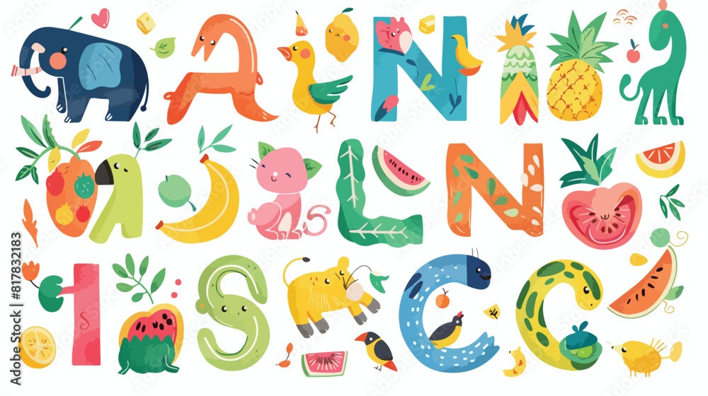 Childish alphabet English letters set with cute animal