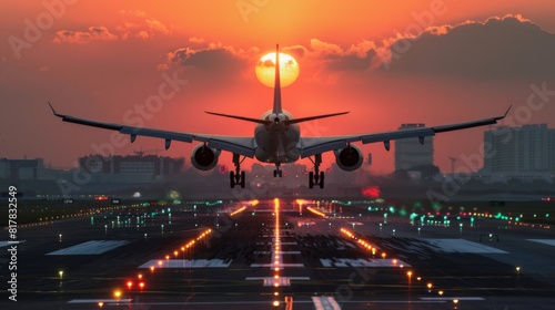 Airplane landing on airport runways during sunset