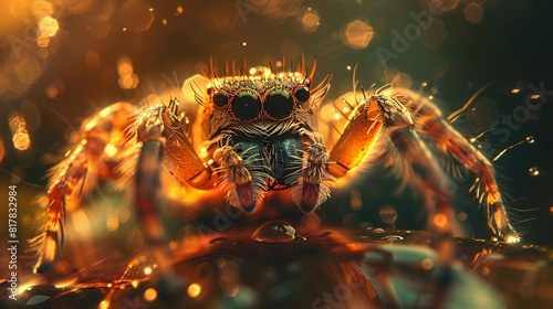 A spider sits atop a dark background, showcasing its distinct features against the contrasting setting