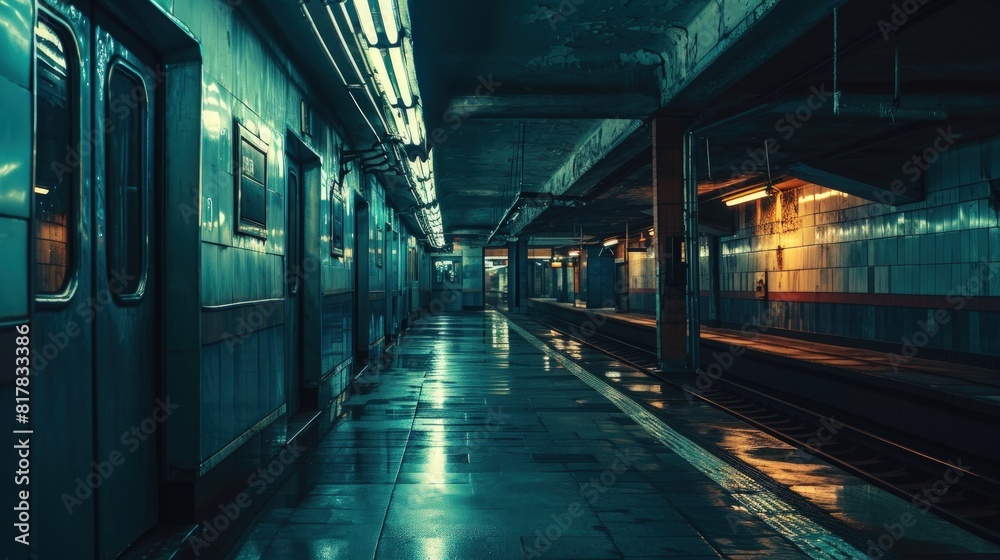 Fototapeta premium Curving underground tunnel or subway station.