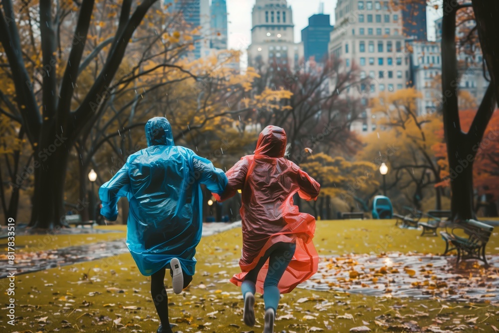 Obraz premium couple in raincoats sprinting through a city park