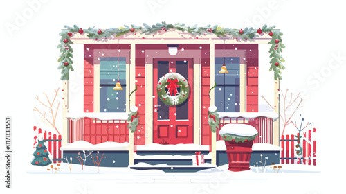 Christmas building facade with Xmas decoration wreath