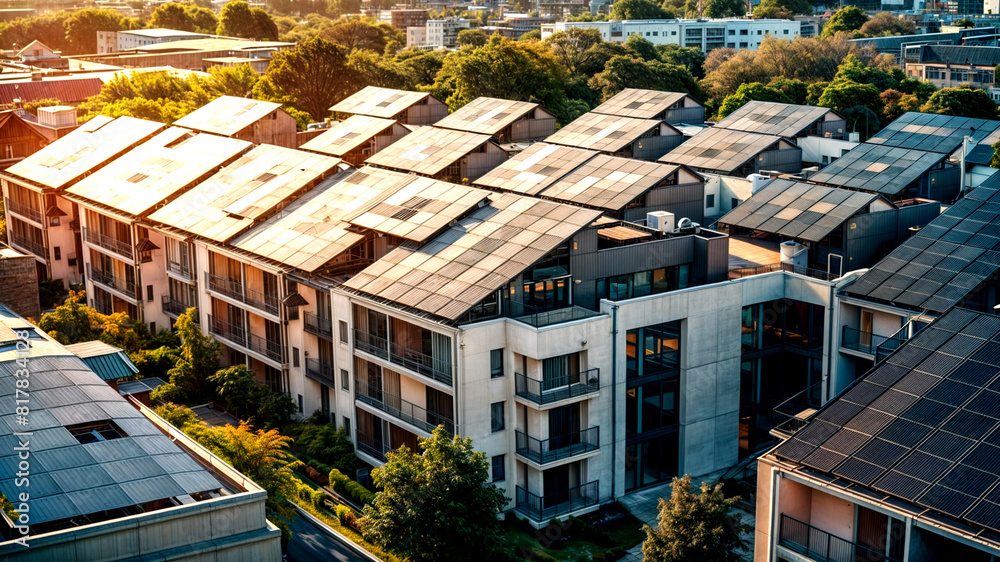 Fototapeta premium modern suburban apartment building covered in solar panels