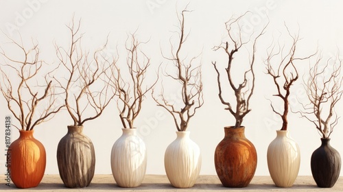 Arrangement of decorative vases filled with bare, twisted branches, creating a captivating and minimalist natural display