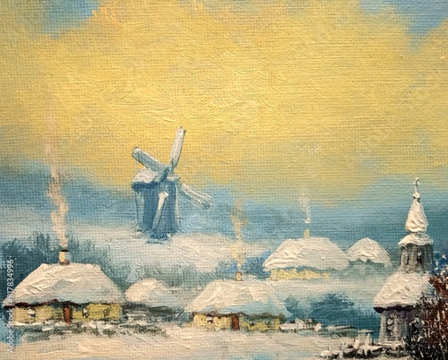 Oil paintings rustic landscape, fine art, artwork, winter in the old village, winter rural landscape