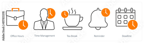 A set of 5 Business and Office icons as office hours, time management, tea break