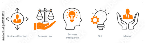 A set of 5 Business and Office icons as business direction, business law, business intelligence