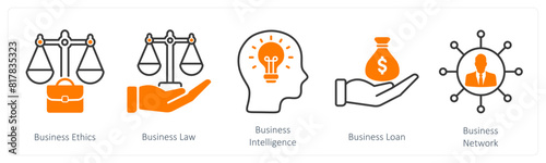 A set of 5 Business and Office icons as business ethics, business law, business intelligence
