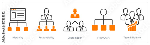 A set of 5 Business and Office icons as hierarchy, responsibility, coordination