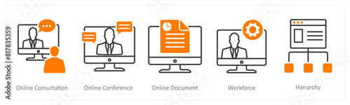A set of 5 Business and Office icons as online consultation, online conference, online document