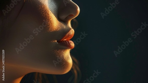 Captivating Profile of a Flawlessly Glowing Woman s Face in Dramatic Lighting