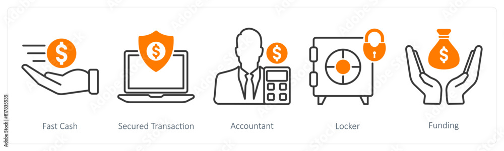 A set of 5 Business and Office icons as fast cash, secured transaction, accountant A set of 5 Business and Office icons as fast cash, secured transaction, accountant