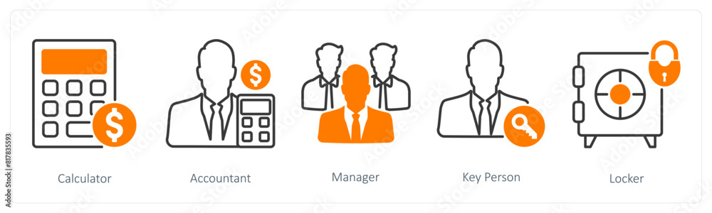 A set of 5 Business and Office icons as calculator, accountant, manager A set of 5 Business and Office icons as calculator, accountant, manager