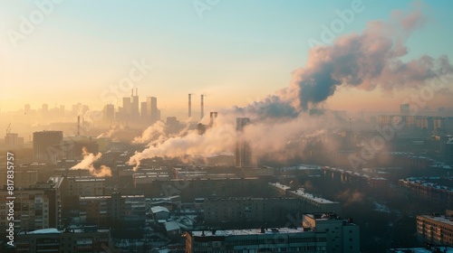 A bustling cityscape with visible air pollution, smokestacks emitting fumes, emphasizing urban environmental challenges and the need for cleaner air solutions © kitinut