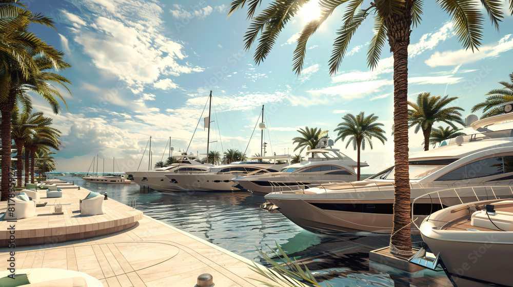 View of modern yachts at resort on sunny day