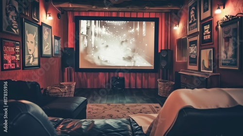 A stock photo of a cozy home cinema setup with plush seating, a large screen, and classic movie posters on the walls