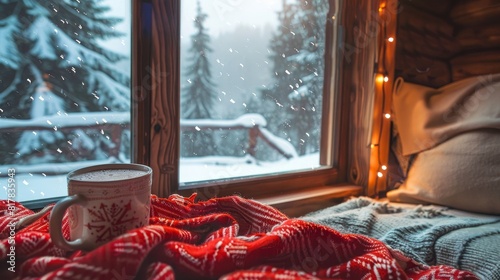 A stock photo of a cozy winter cabin interior with a warm blanket  a mug of hot chocolate  and a snow view outside the window