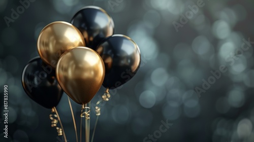 Elegant celebration scene with luxurious black and gold balloons against a shimmering bokeh background, perfect for festive occasions