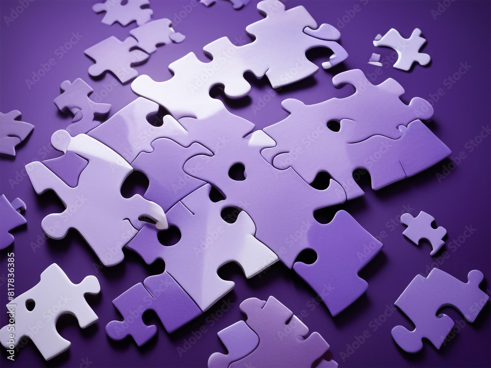 Purple colored 3D-rendered puzzle pieces scattered on a vibrant purple background Purple colored 3D-rendered puzzle pieces scattered on a vibrant purple background