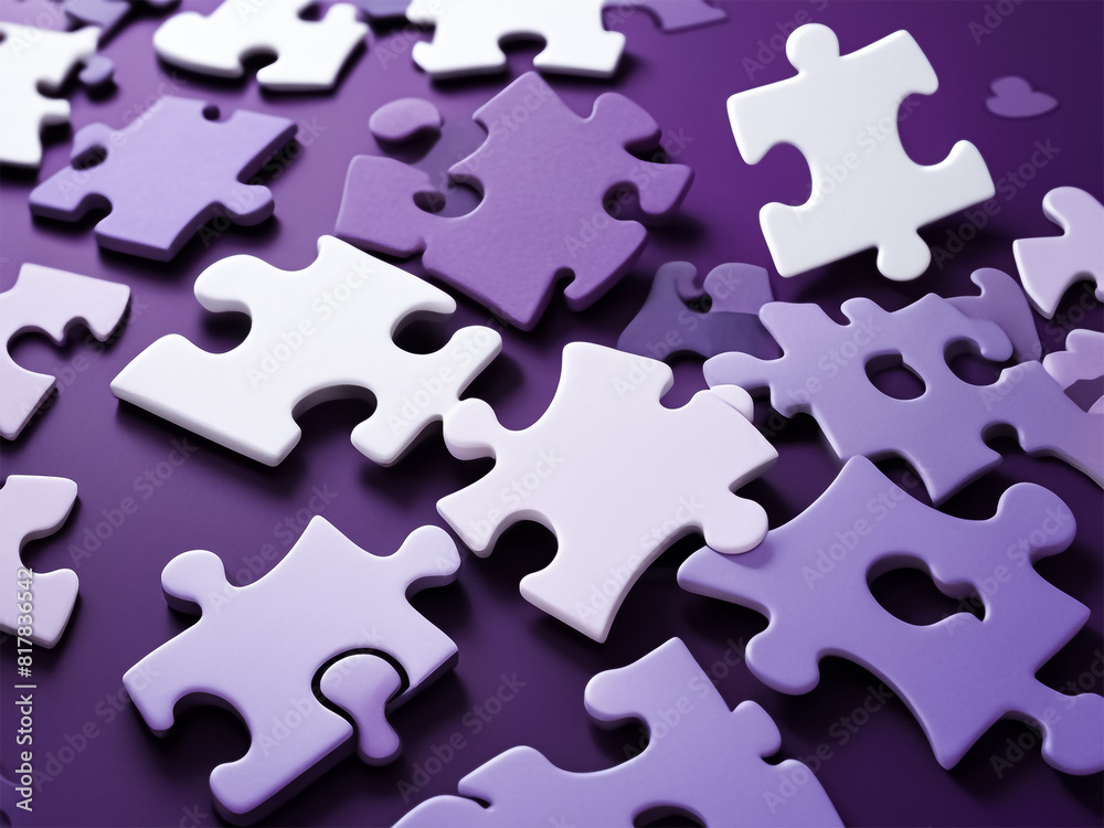 Purple colored 3D-rendered puzzle pieces scattered on a vibrant purple background
