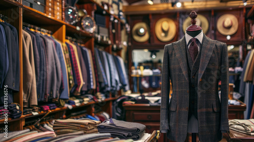 A stock photo of an upscale tailor shop with fine fabrics, tailoring tools, and mannequins dressed in custom suits