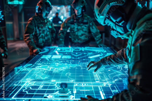 Military team analyzing digital tactical map