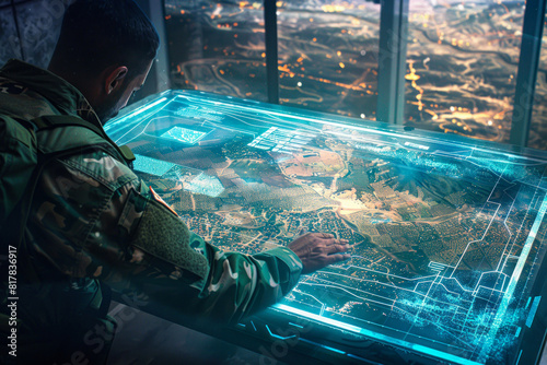 Military figure touching an interactive 3D map
