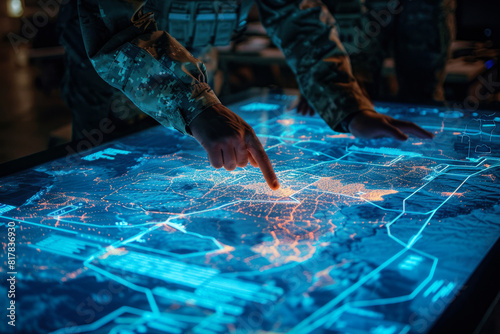 Obraz na płótnie Touching points on an illuminated tactical map w salonie