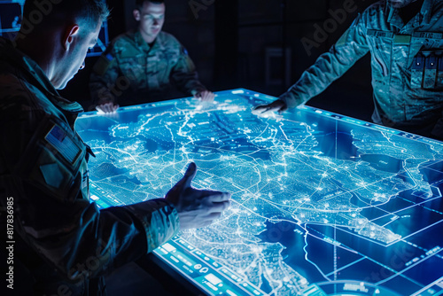 Group strategizing over a glowing tactical map